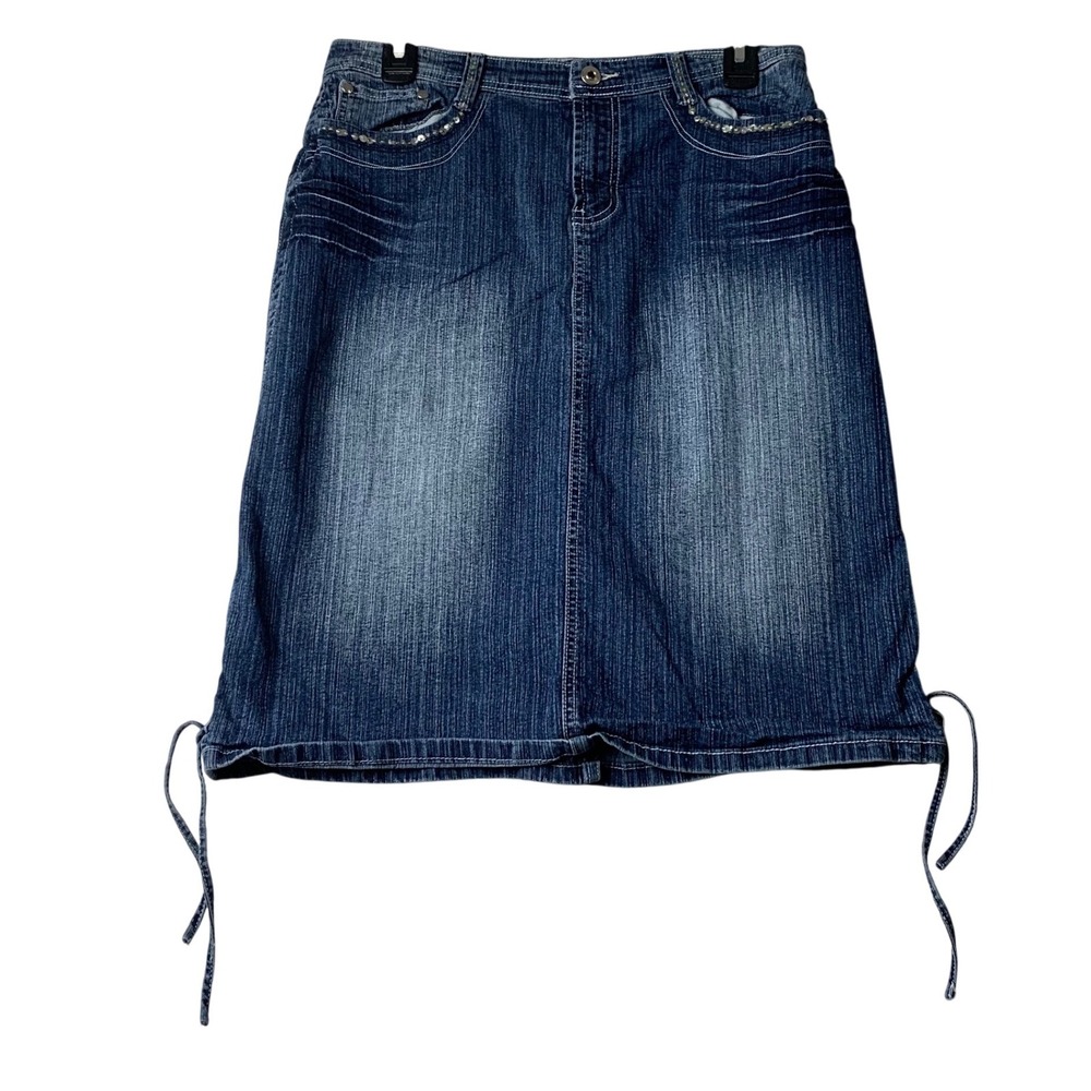 Vtg Y2K Apollo Jeans Womens Denim Midi Skirt Dark Wash Sequin Rhinestone Large